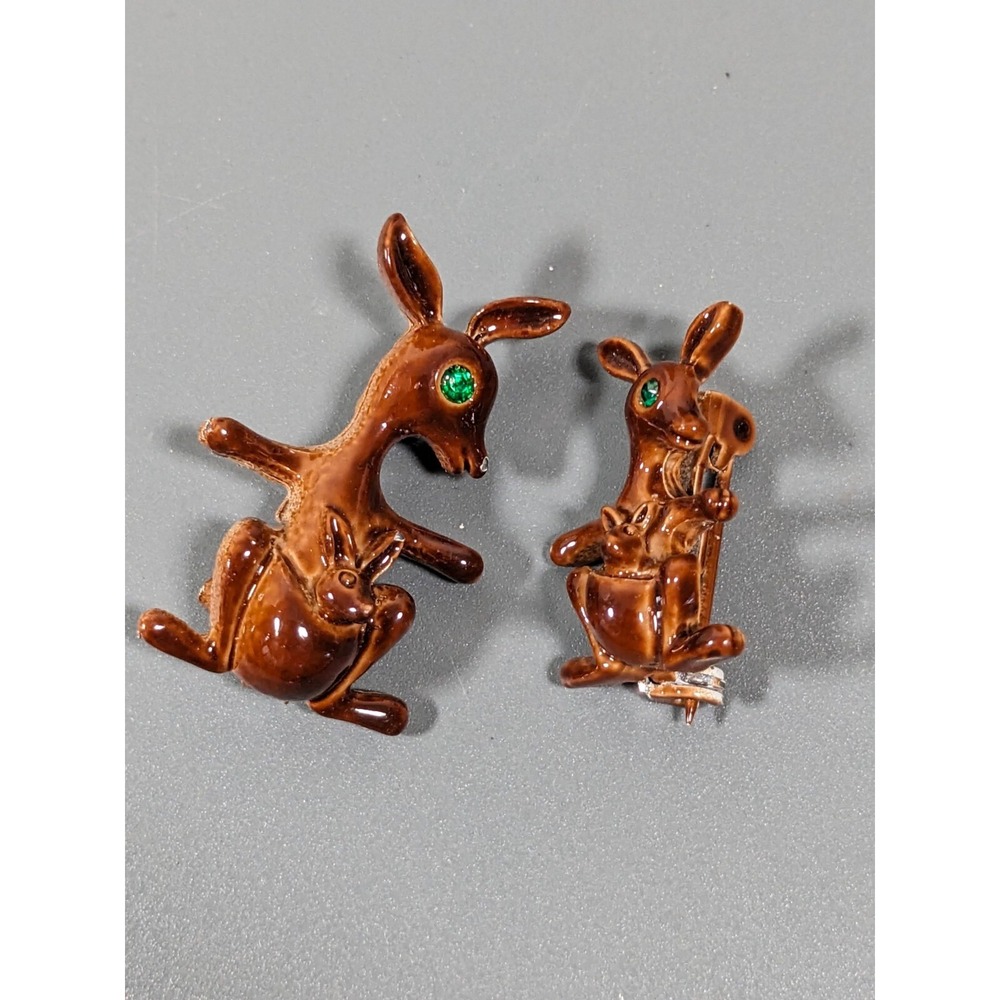 Vintage Gerry's Brown Kangaroo Green Rhinestone Set of‎ 2 Brooches | Signed